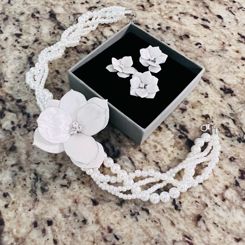 Elegant White Floral Pearl Necklace ring and Earring Set